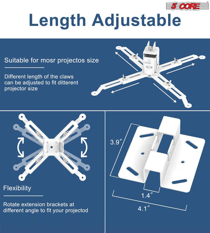 5Core Projector Mount Ceiling Wall Universal Holder Adjustable Low Profile Capacity 40lb